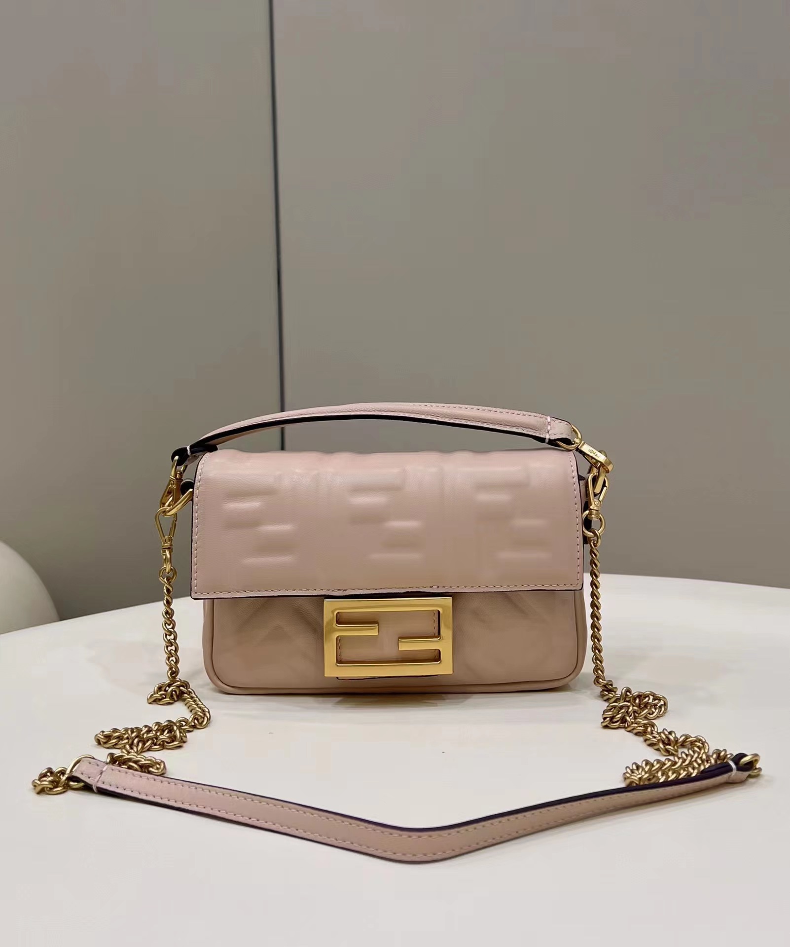 Fendi Mini Baguette Nappa Leather 3D-effect FF Shoulder Bag Shrimp Pink